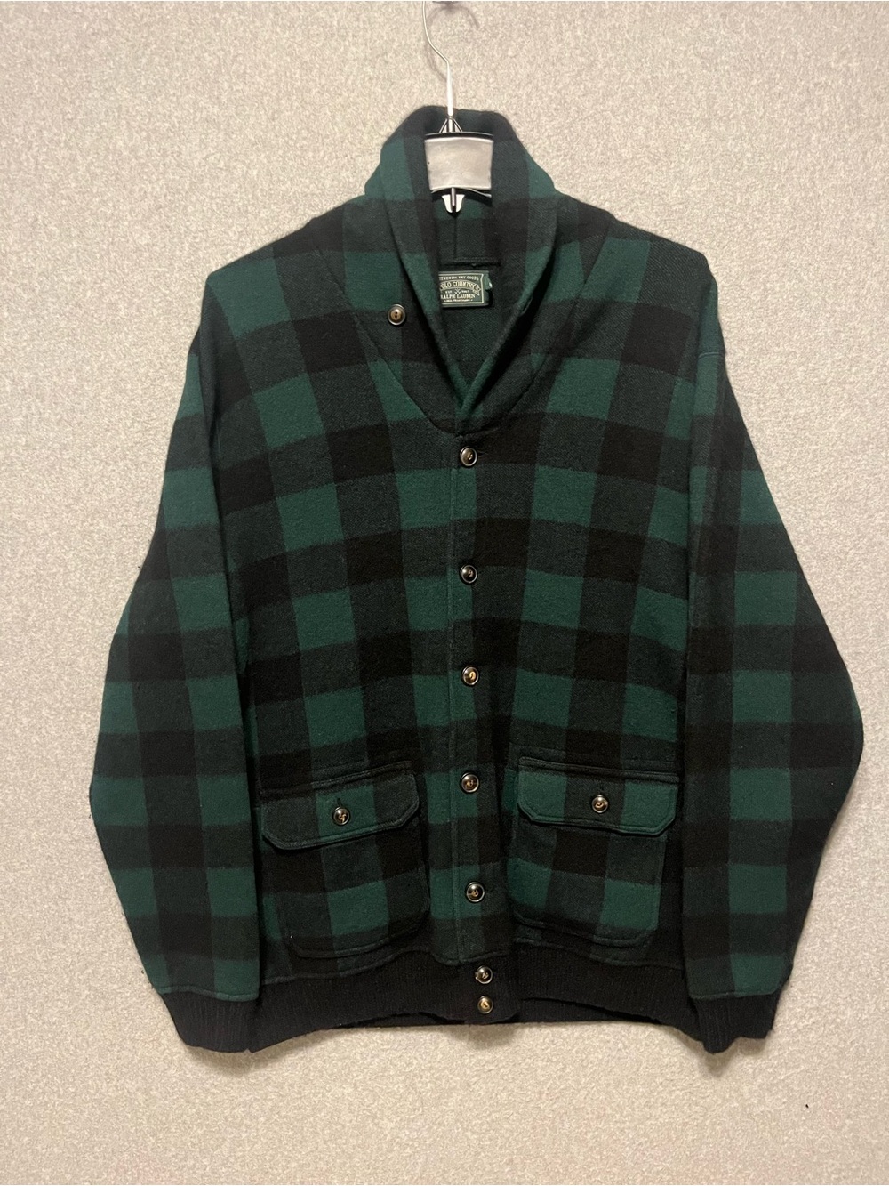 Polo Country Ralph Lauren buffalo plaid cardigan sweater jacket green black